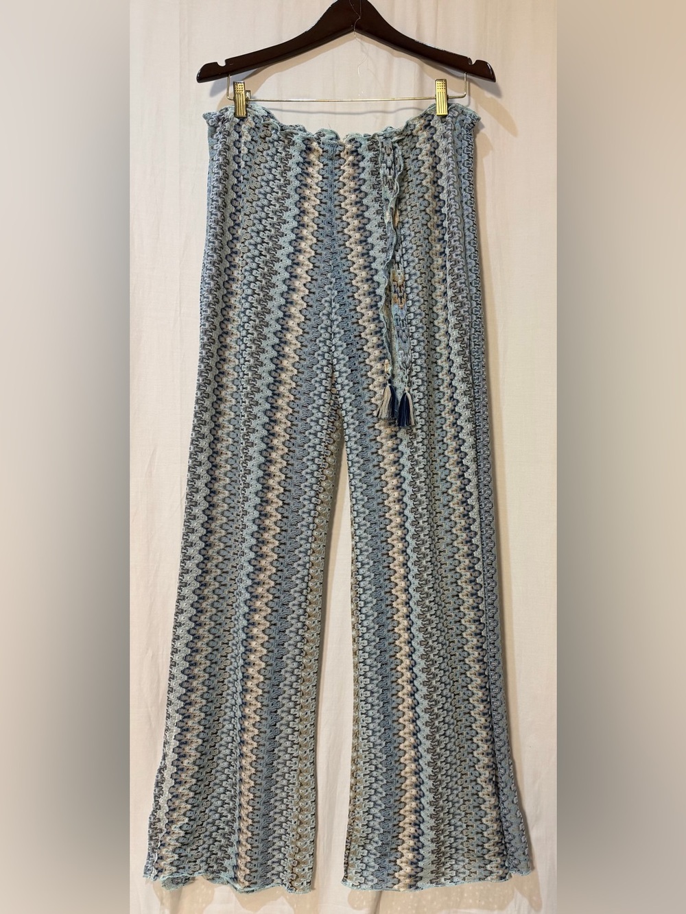 BECCA Crochet Swim Cover Up Pants w. Side Slits and Tassel Drawstring - Blue - L